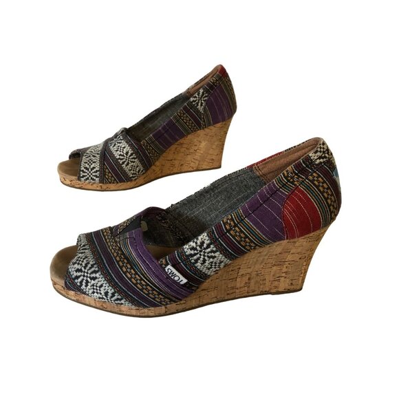 Toms Open Toe Canvas Cork Heel Wedge Size 9W Open Toe Hippie Boho Colorful Shoes - Picture 1 of 8